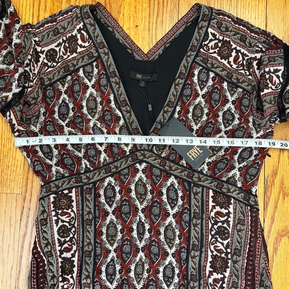 NEW Frye Boho Cottage brown paisley V-neck long sleeve pleated retro maxi dress - Picture 9 of 16